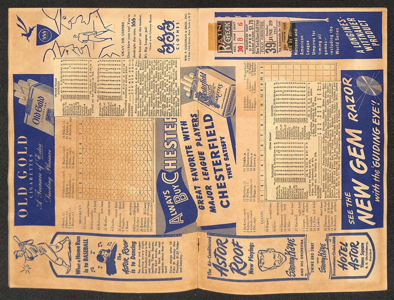 Lot of (3) 1947 Score Cards With Tickets w. Yankees v. Red Sox 5/25/47 (Ted Williams HR #176); Dodgers 8/31/47 (Jackie Robinson Rookie Year - had 3 Runs); Giants 6/29/47.  All 3 w. Clippings and...